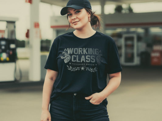 Camiseta negra unisex, camiseta orgánica, camiseta ecológica, comercio Justo, WORKING CLASS PRDE, camiseta feminista