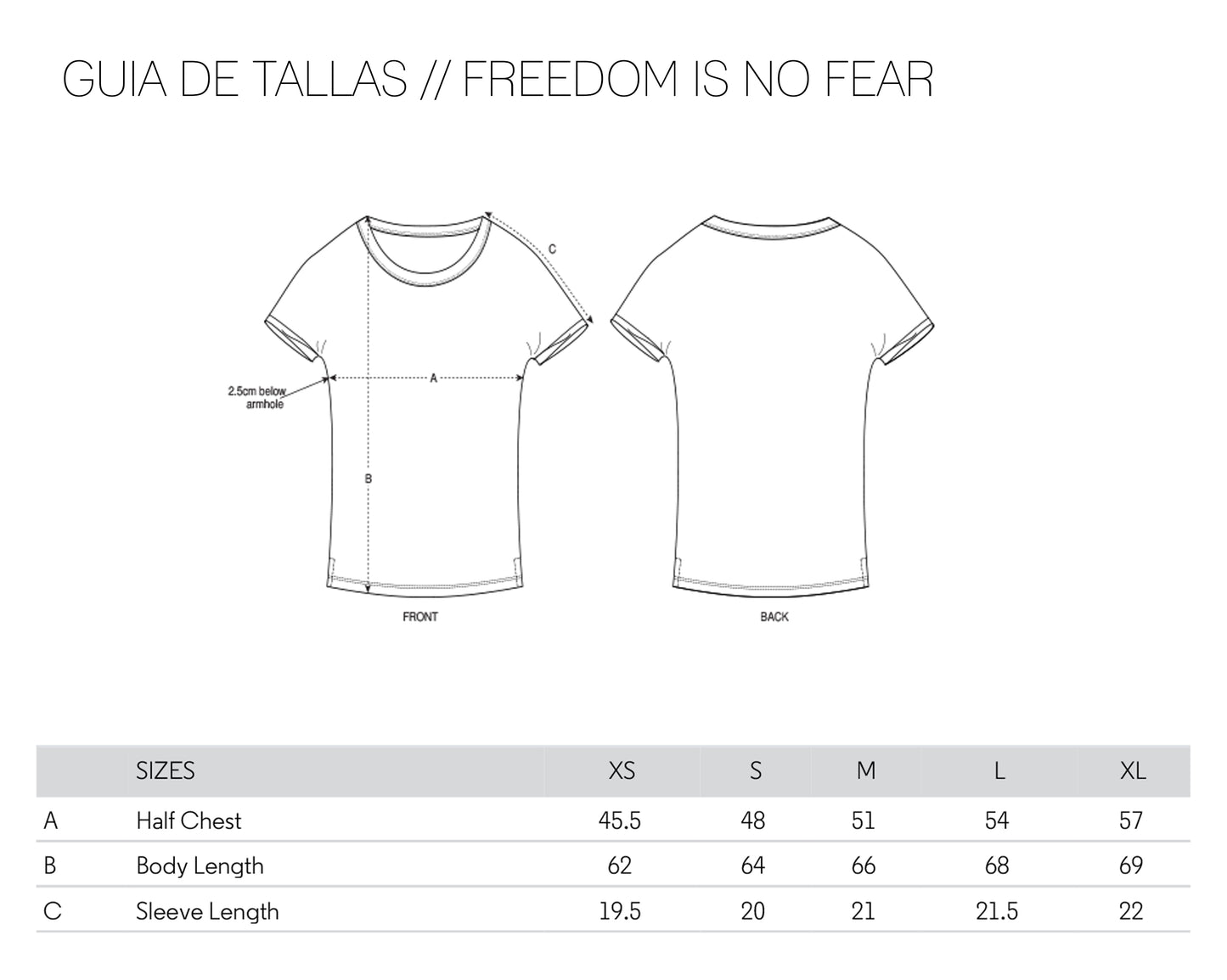 camiseta negra ecológica ropa feminista Nina Simone freedom is not fear Guía de tallas
